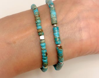 Turquoise Gemstone, Sterling Silver Beaded, Stretch Bracelet, Friendship Bracelet, Boy Friend Gift, Turquoise Stones