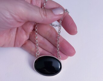 Oval Black Onyx Necklace, Design onyx necklace, 925 Sterling Silver, Minimalis Style Pendants