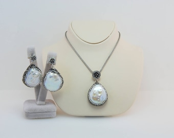 Barock Perlen Schmuck Set, Hochzeiten Schmuck Set, weiße Perlen Ohrringe und Halskette Set, Swarovski Stein, Sterling Silber Set