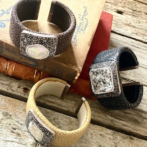 Druzy Gemstone Stingray Leather Orbit Bracelet Cuff, Swarovski Crystal Stone with Pyrite Stone