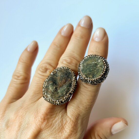 Druzy Agate Ring 925 Sterling Silver Ring Druzy Gemstone Ring Swarovski Crystal Ring Sterling Silver Adjustable Chrysoprase Ring Etsy Canada