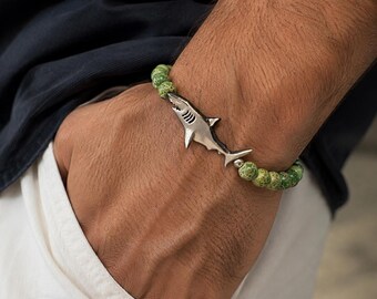 Variscite Beaded Shark Bracelet: 925 Sterling Silver Shark