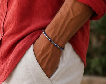 Black Hematite evil eye Beaded Bracelet for Men: Minimalist Stretch Jewelry