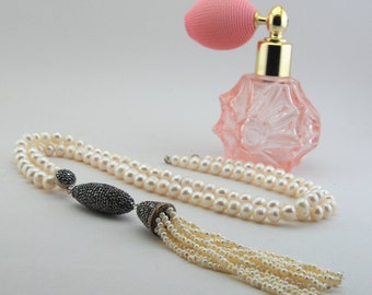 Baroque Pearl Necklace, Swarovski Crystal , Pyrite Stone , Pearl Tassel Necklace
