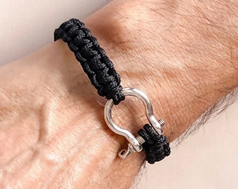 Sterling Silver Shackle Mens Macrame Bracelet: Unisex Friendship Jewelry