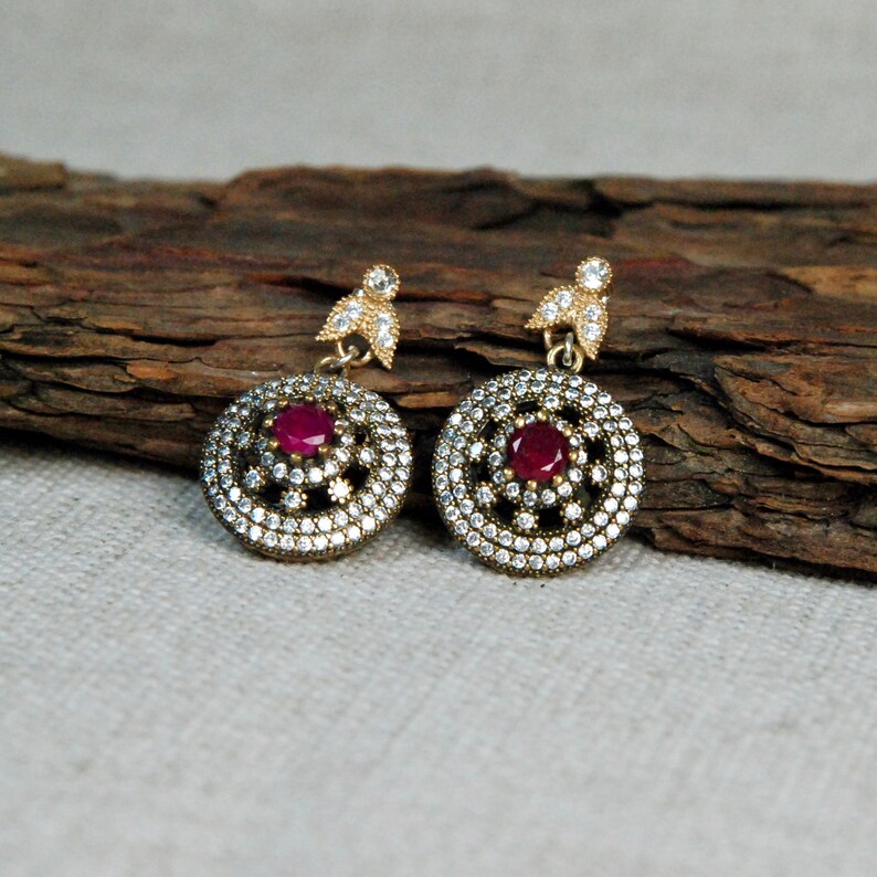 Red Ruby Earrings 925 Sterling Silver Earrings Bridal Earrings Turkish Handmade Ottoman Earrings Zirconia Stone Gift for Women