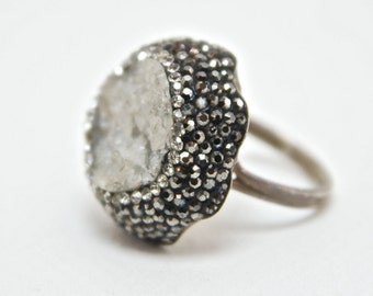 Druzy Chrysoprase White Gemstone Swarovski Crystal Rings, Sterling Silver Adjustable Sparkly Druzy Ring, Gift for Women