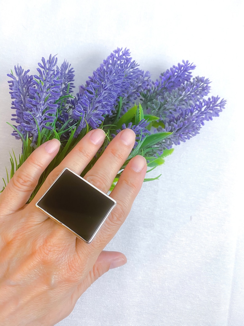 Gift for Wife Black Onyx Rectangle Ring Unisex Ring 925 Sterling Silver Ring Gift for Women Men