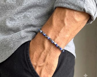 Black Hematite evil eye Beaded Bracelet for Men: Minimalist Stretch Jewelry