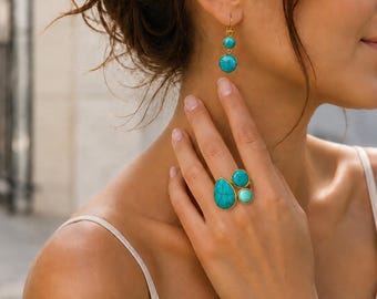 Turquoise Gemstone Jewelry Set: Bronze Earrings and Ring