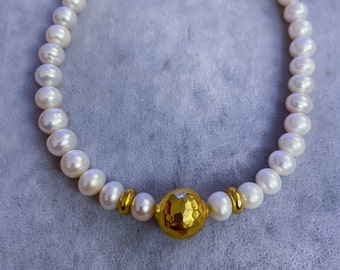 Gold Beads Baroque Pearl Choker: Pearl Wedding Necklace