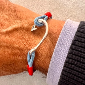 Pulsera de gancho de plata de ley: cuerda náutica de paracord azul