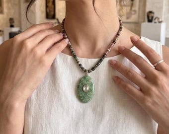 Tourmaline Beaded, Green Jade Gemstone: Minimalist Necklace