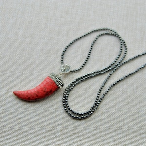 Horn Pendant Necklace, Leather Horn, Hematite Gemstone Beads, Swarovski Crystal