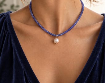 Beaded Tanzanite Pearl Necklace• Tanzanite Gemstone Necklace