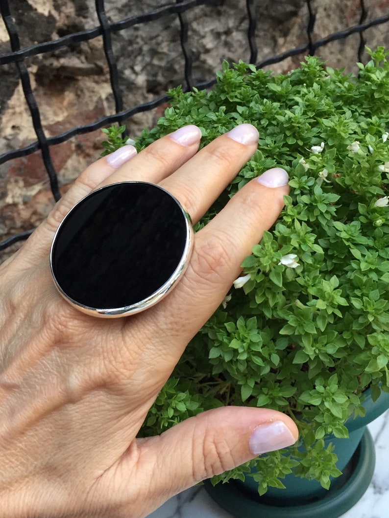 Oversize Black Onyx Ring, 925 Sterling Silver Ring, Onyx gemstone image 6