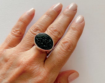 Carved Agate Gemstone, Green Agate gemstone , 925 Sterling Silver Ring, İslamic Calligraphy Dua