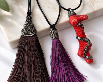 Druzy Silk Tassel Necklace: Coral Druzy Necklace