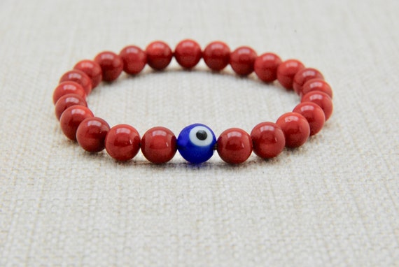 Red and Evil Eyes Bracelet Red Coral Crystal Stones with Eyes Beads