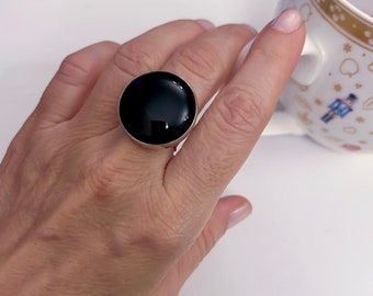 Round  Black Onyx Ring, 925 Sterling Silver Ring, Onyx gemstone