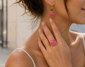 Bronze Dangle Earrings: Pink Jade & Green Agate Gemstone Set