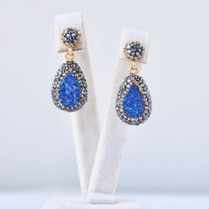 Pendientes colgantes con piedra drusa azul, pavé de cristal de Swarovski, chapados en oro, regalo para mujeres, niñas, esposas, plata de ley, plata 925