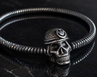 Skull  Mask Men Bracelet, Sterling Silver, Hematite Beaded