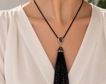Labradorite , Black Spinel Gemstone Tassel Pendant: Black Rope Necklace