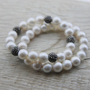 White Pearl Bracelet: Pyrite Crystal Pave, Stretchy Cable