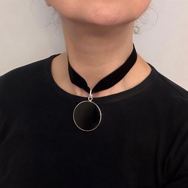 Black Onyx Statement Necklace, Onyx and Sterling Silver Necklace, Extra Large Black Onyx and 925 Silver Ring, Large Disc Onyx Necklace