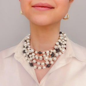 Multilayered Fresh Water Pearl Necklace, Bold Multistrand PEARL Choker, Statement Necklace, Wedding Necklace, Pyrite Beads, Gift Necklace