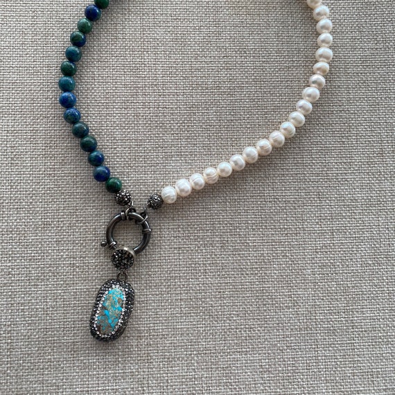 Turquoise Gemstone Druzy Pendant Pearl Choker Necklace | Etsy