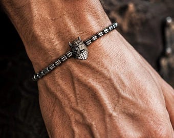 Viking Zirconia Mask Bracelet: 925 Sterling Silver Bracelet, Hematite beaded