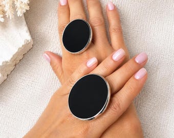 Oversize Black Onyx Gemstone: 925 Sterling Silver Ring