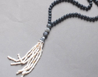 Organic Lava Stone ,Swarovski Crystal Stone , Pearl Tassel Long Yoga Necklace