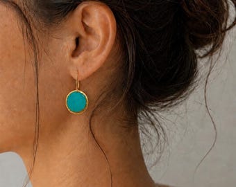 Handmade Bronze Earrings: Gold Emerald Gemstone Dangle Earrings