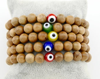 Sandalwood Beaded Mens Bracelet, Evil Eye Bracelet, Color Evil Eye Bracelet, Stretch Bracelet, Handmade Jewelry, 8mm Sandalwood Beaded