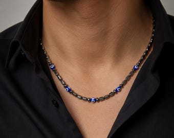 Hematite Men Evil Eye Necklace: Sterling Silver Clasp