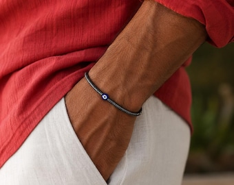 Black Hematite evil eye Beaded Bracelet for Men: Minimalist Stretch Jewelry