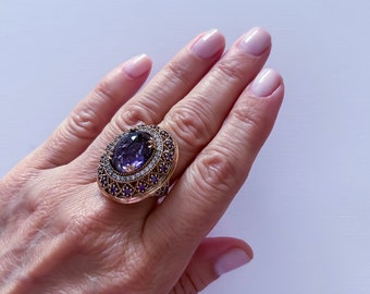 Amethyst Gemstone Silver Ring, Turkish Handmade Ottoman  Ring, Ladies Ring