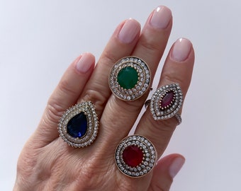 Sapphire Gemstone Silver Ring, Turkish Handmade Ottoman Ring, Emerald Ring, Ruby Ring, Ladies Ring