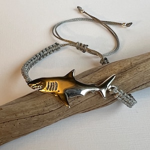 Sterling Silver Shark Bracelet: Gray Macrame Cord, Unisex Jewelry