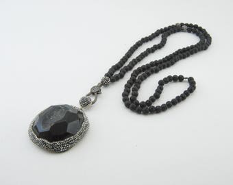 Black Onyx Gemstone , Black Druzy Pendant ,Swarovski Crystal, Long Necklace