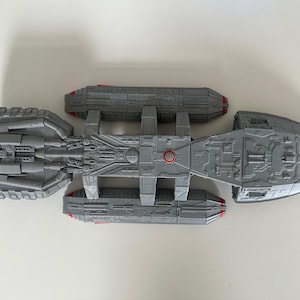 Battlestar Galactica Colonial Battleship from the 1978 series, 3D printed custom display model with high quality stand included, available in large or standard sizes for sale, great gift or present for sci-fi enthusiasts, assembly, colour and size options
