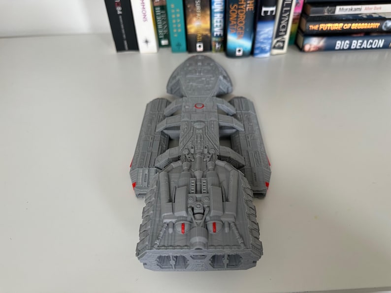 Battlestar Galactica Colonial Battleship from the 1978 series, 3D printed custom display model with high quality stand included, available in large or standard sizes for sale, great gift or present for sci-fi enthusiasts, assembly, colour and size options