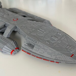 Battlestar Galactica Colonial Battleship from the 1978 series, 3D printed custom display model with high quality stand included, available in large or standard sizes for sale, great gift or present for sci-fi enthusiasts, assembly, colour and size options
