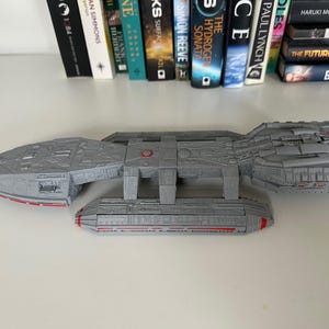 Battlestar Galactica Colonial Battleship from the 1978 series, 3D printed custom display model with high quality stand included, available in large or standard sizes for sale, great gift or present for sci-fi enthusiasts, assembly, colour and size options
