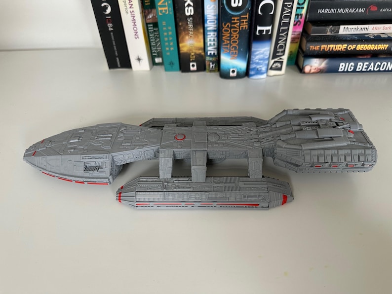 Battlestar Galactica Colonial Battleship from the 1978 series, 3D printed custom display model with high quality stand included, available in large or standard sizes for sale, great gift or present for sci-fi enthusiasts, assembly, colour and size options