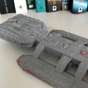 Battlestar Galactica Colonial Battleship from the 1978 series, 3D printed custom display model with high quality stand included, available in large or standard sizes for sale, great gift or present for sci-fi enthusiasts, assembly, colour and size options