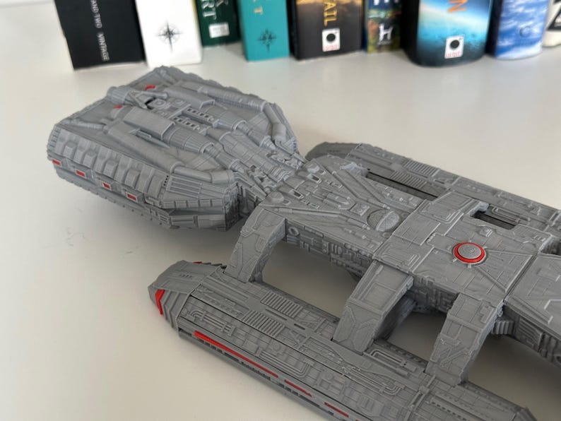 Battlestar Galactica Colonial Battleship from the 1978 series, 3D printed custom display model with high quality stand included, available in large or standard sizes for sale, great gift or present for sci-fi enthusiasts, assembly, colour and size options